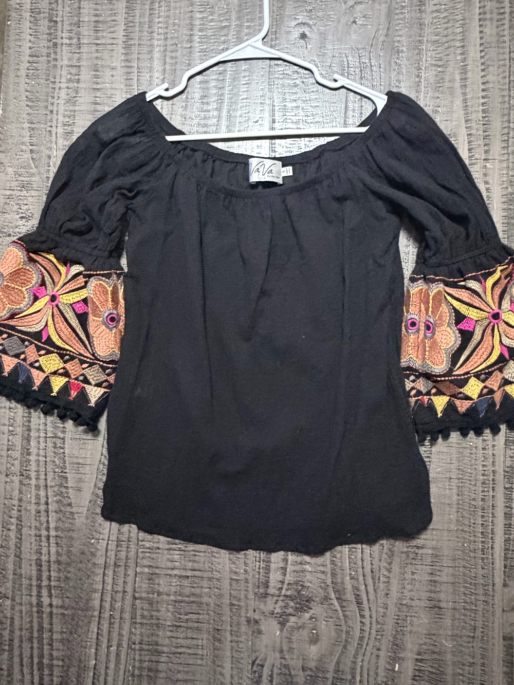 Vtg. Black VaVa Embroidered Sleeve Top